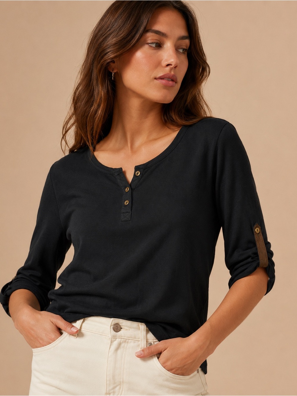 Ralph Lauren Black Henley Button-Tab Long Sleeve Top